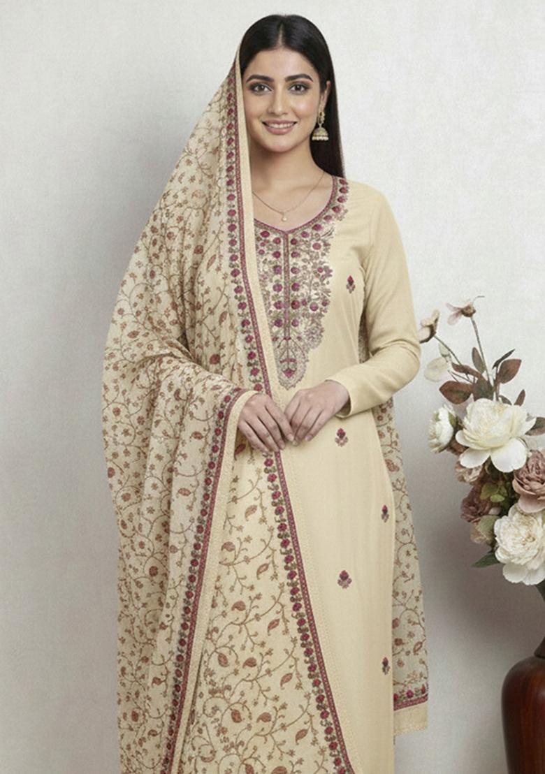 Beige Embroidered Silk Kurta Set - Indya
