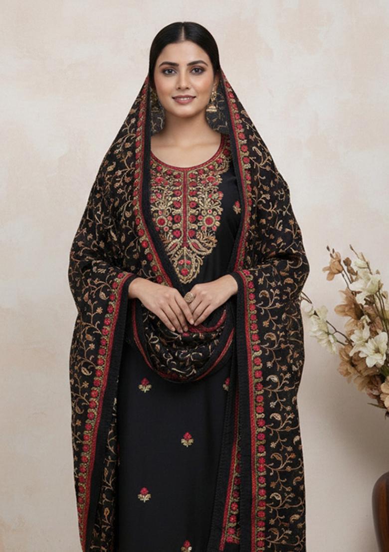 Black Embroidered Silk Kurta Set - Indya