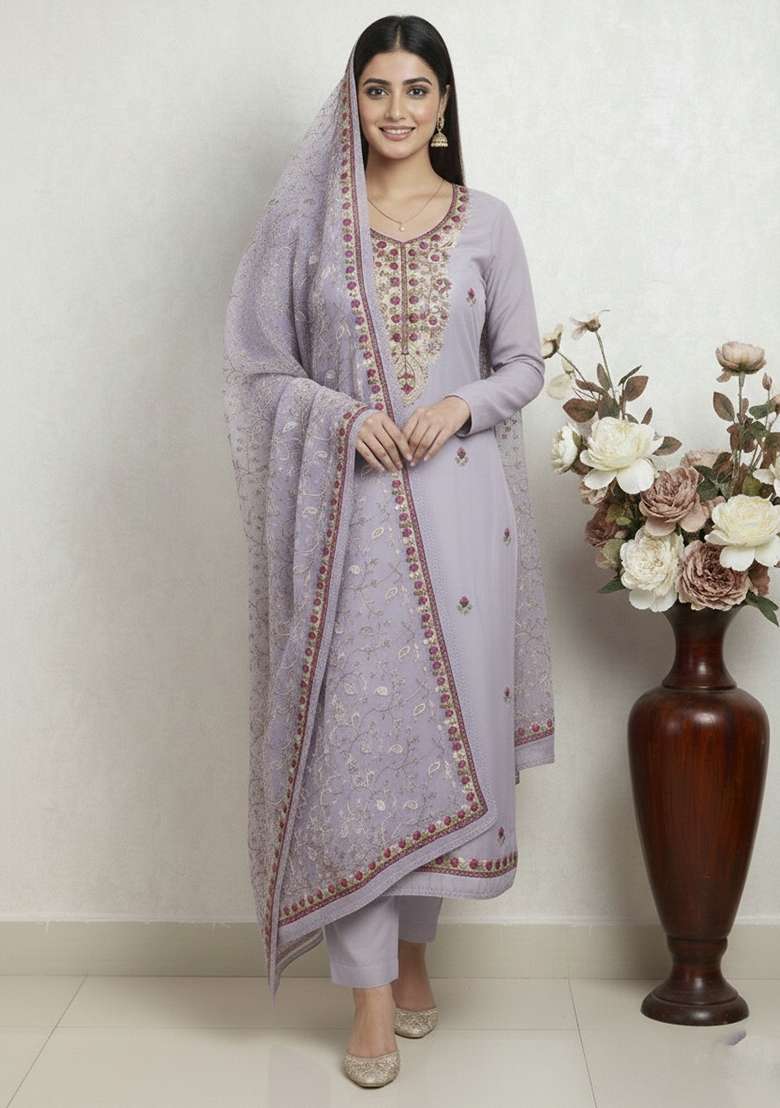 Lavender Embroidered Silk Kurta Set - Indya