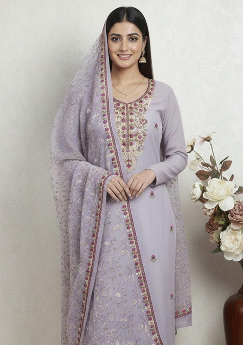 Lavender Embroidered Silk Kurta Set - Indya