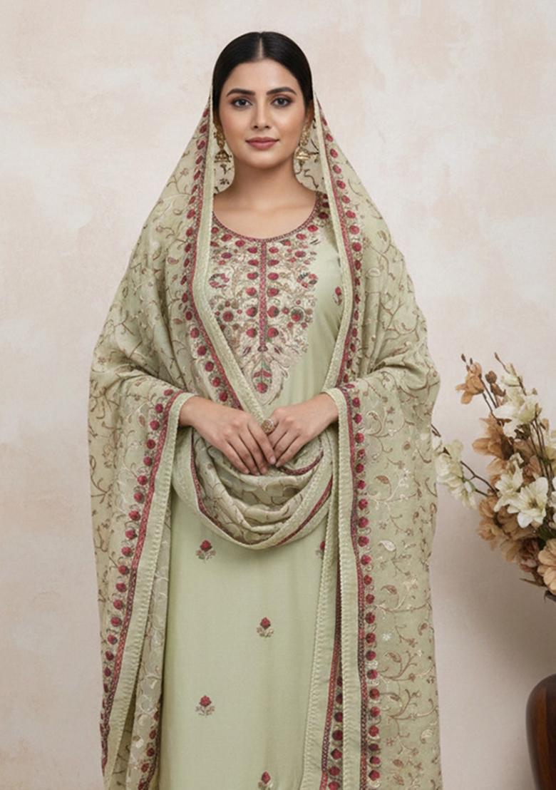 Olive Green Embroidered Silk Kurta Set - Indya