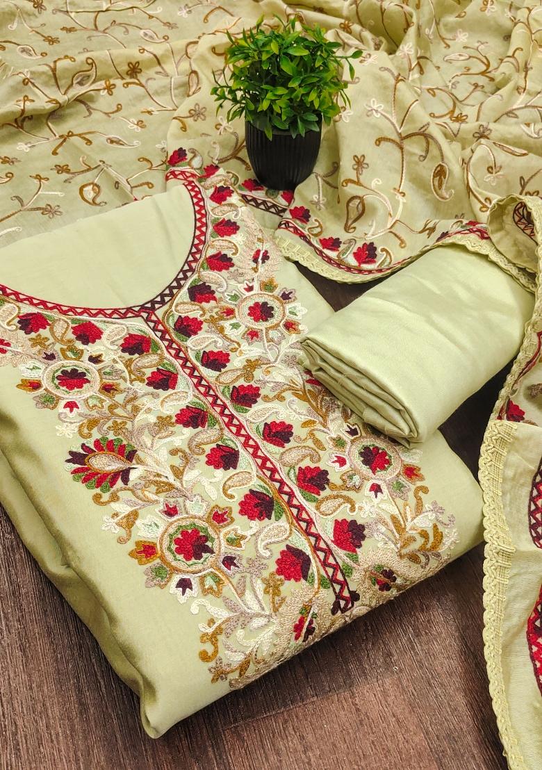 Olive Green Embroidered Silk Kurta Set - Indya