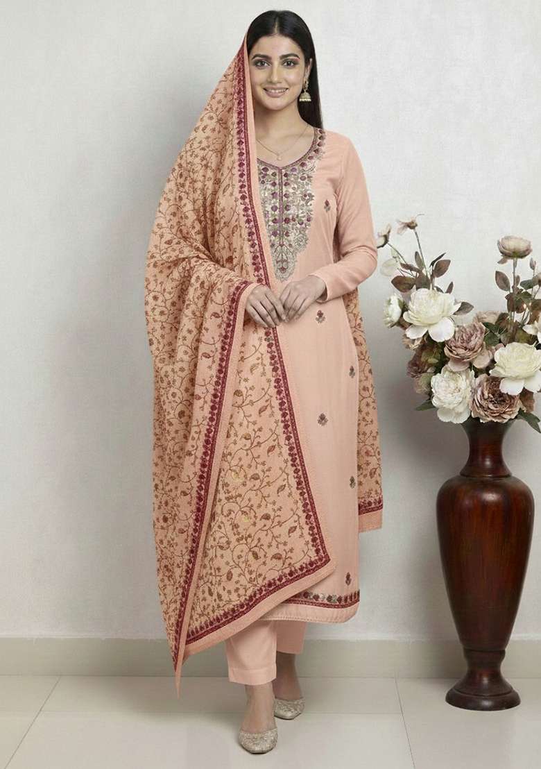 Peach Embroidered Silk Kurta Set - Indya
