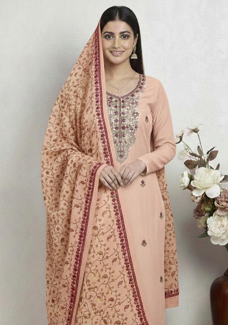 Peach Embroidered Silk Kurta Set - Indya