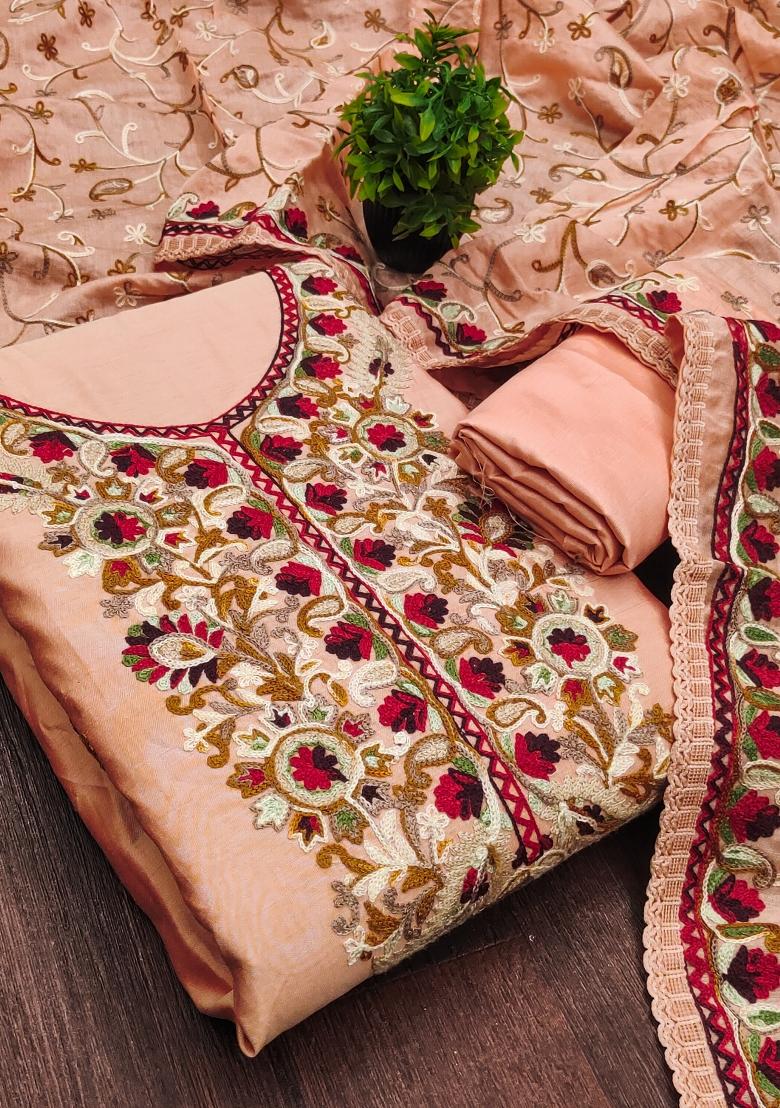 Peach Embroidered Silk Kurta Set - Indya