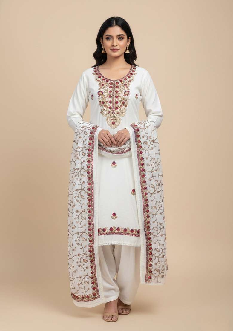 White Embroidered Silk Kurta Set - Indya