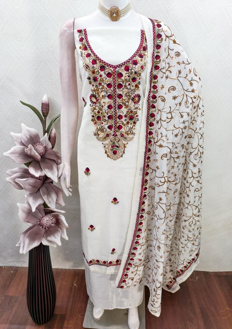 White Embroidered Silk Kurta Set - Indya