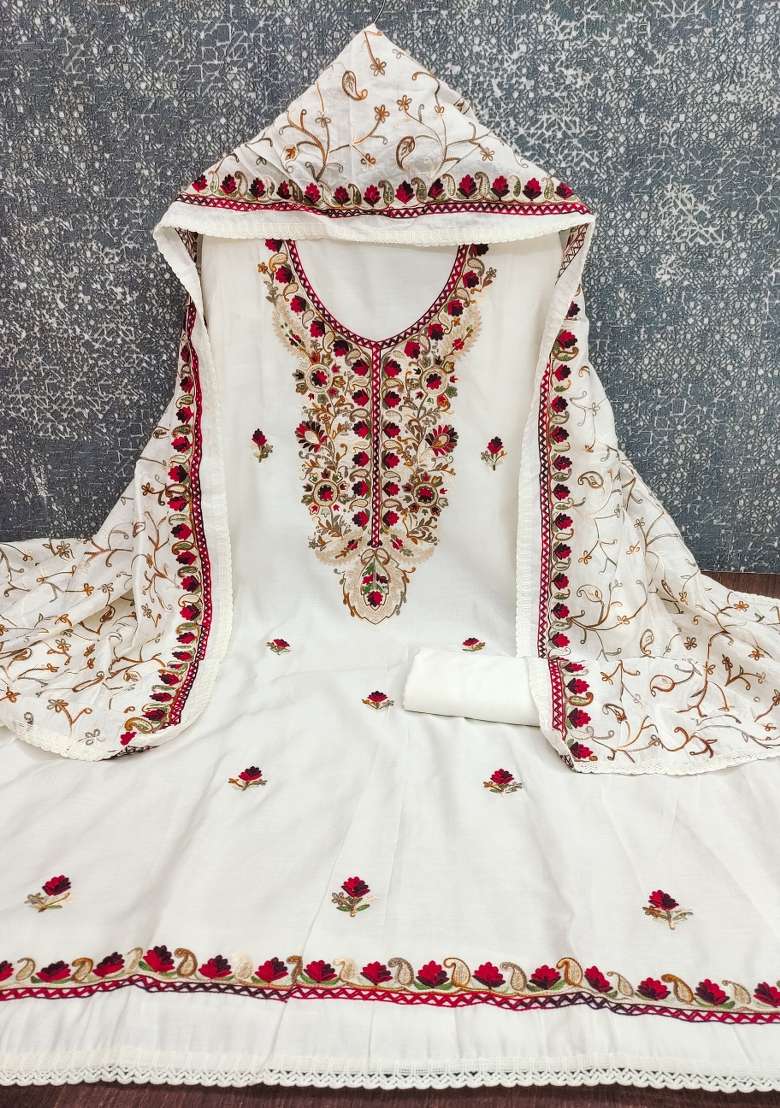 White Embroidered Silk Kurta Set - Indya