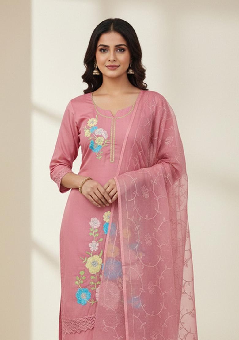 Pink Embroidered Silk Kurta Set - Indya