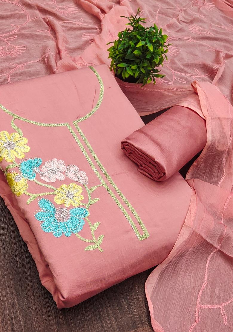 Pink Embroidered Silk Kurta Set - Indya