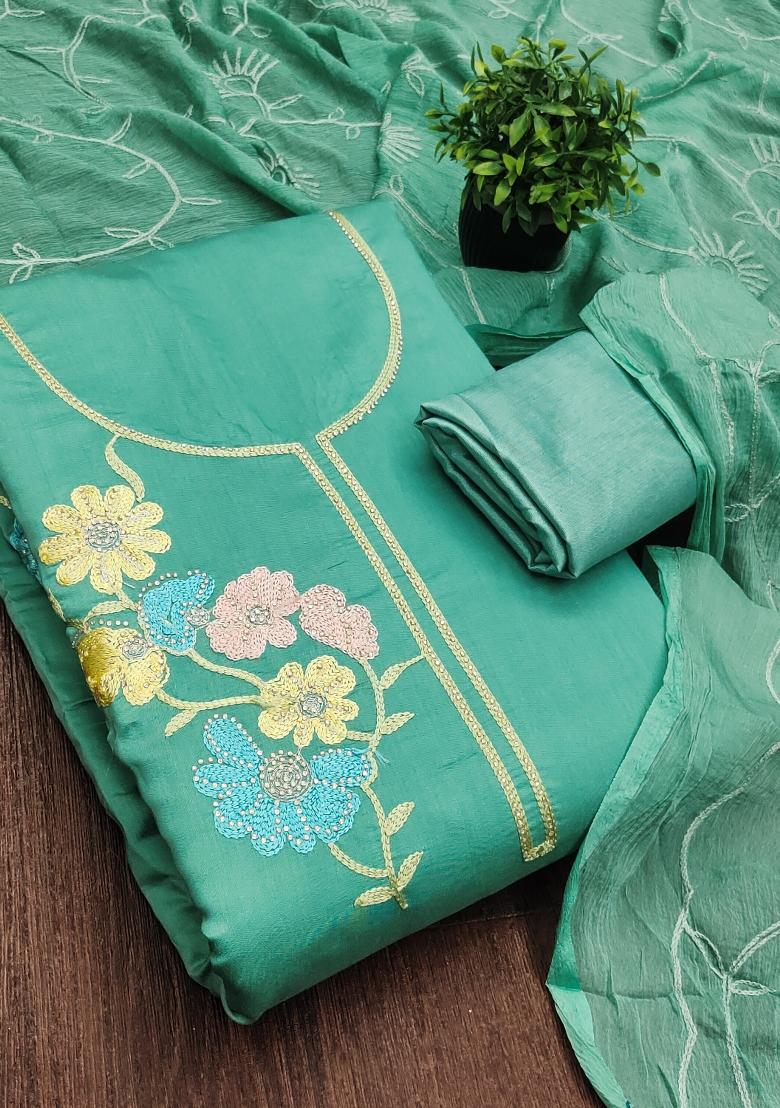 Sea Green Embroidered Silk Kurta Set - Indya