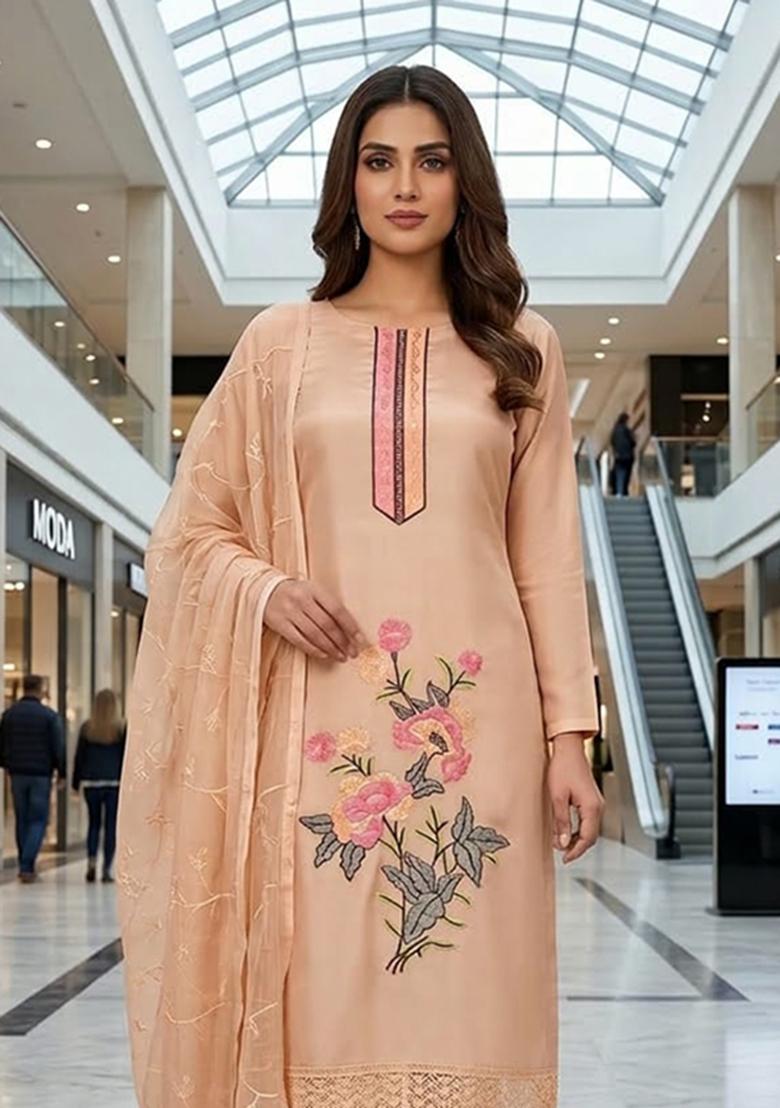 Peach Embroidered Silk Kurta Set - Indya