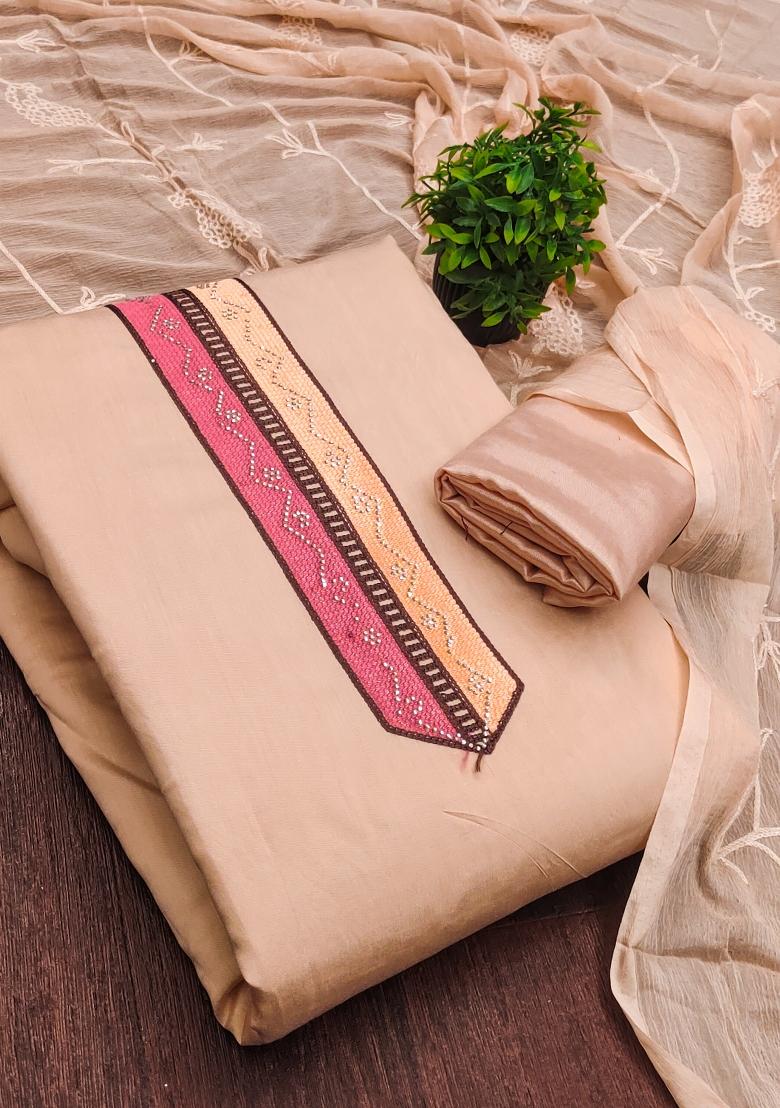 Peach Embroidered Silk Kurta Set - Indya