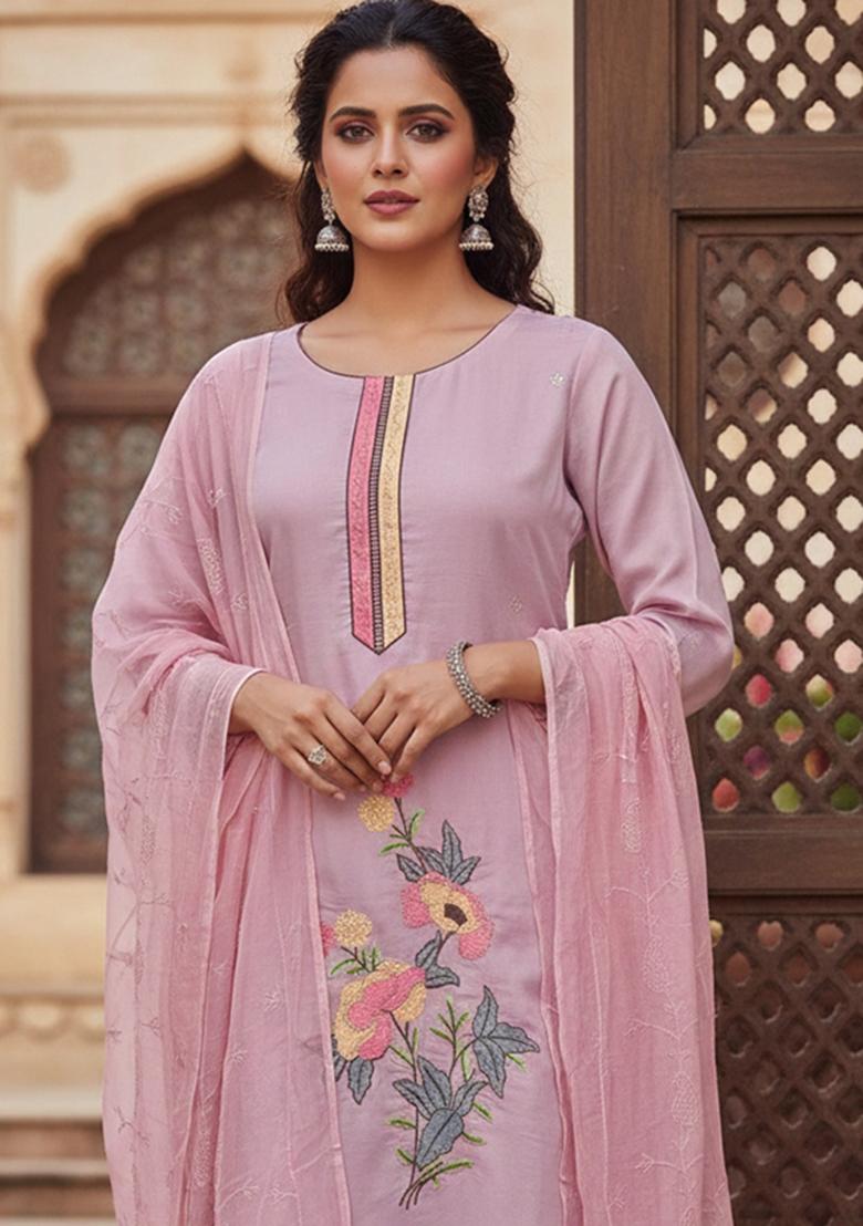Pink Embroidered Silk Kurta Set - Indya