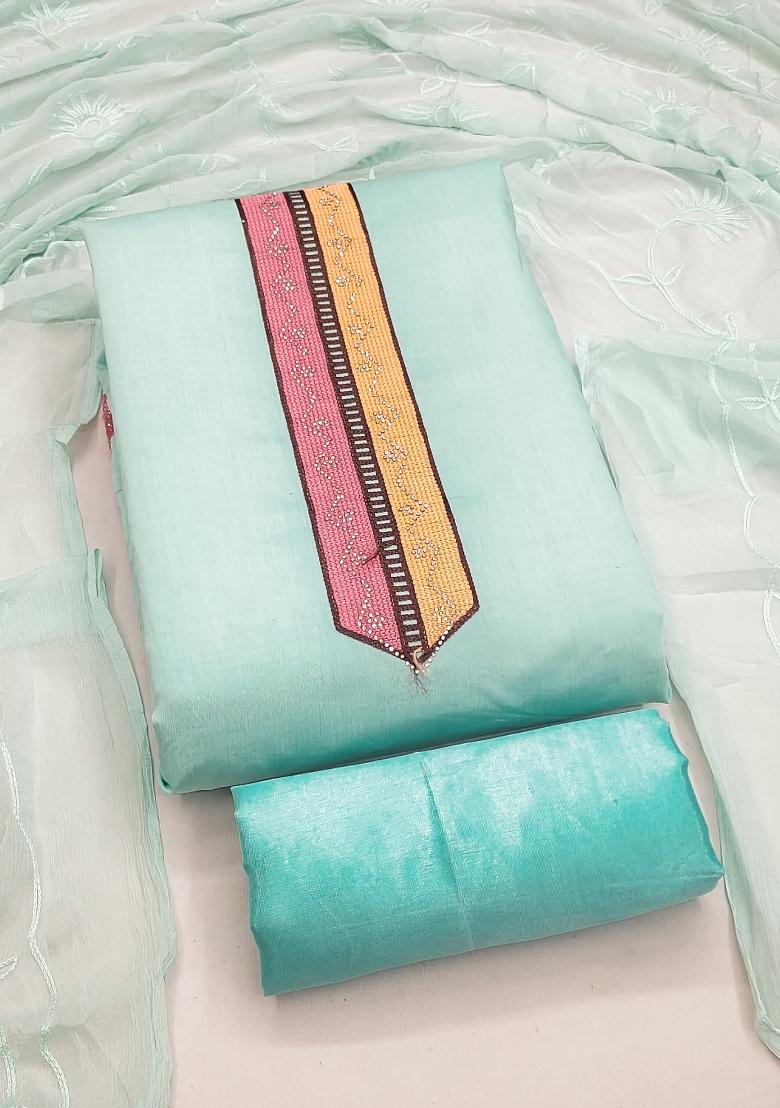Sea Green Embroidered Silk Kurta Set - Indya