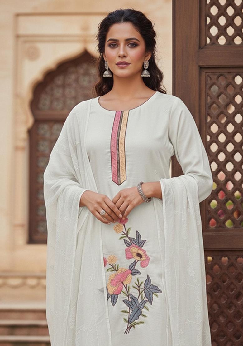 White Embroidered Silk Kurta Set - Indya