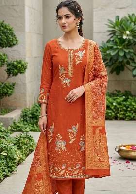 Rust Embroidered Georgette Kurta Set