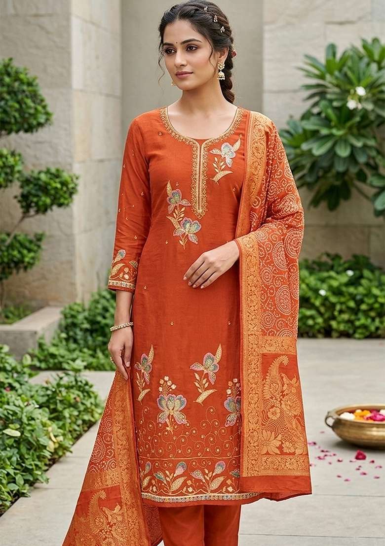 Rust Embroidered Georgette Kurta Set - Indya