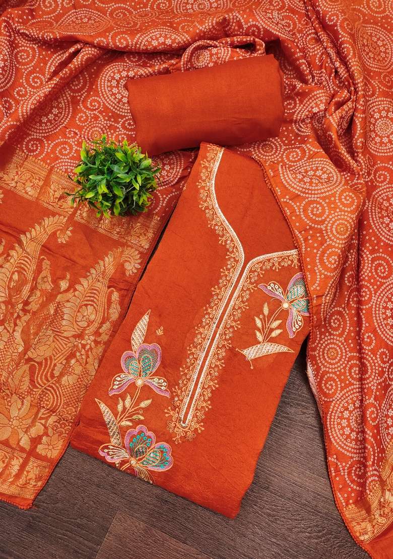 Rust Embroidered Georgette Kurta Set - Indya