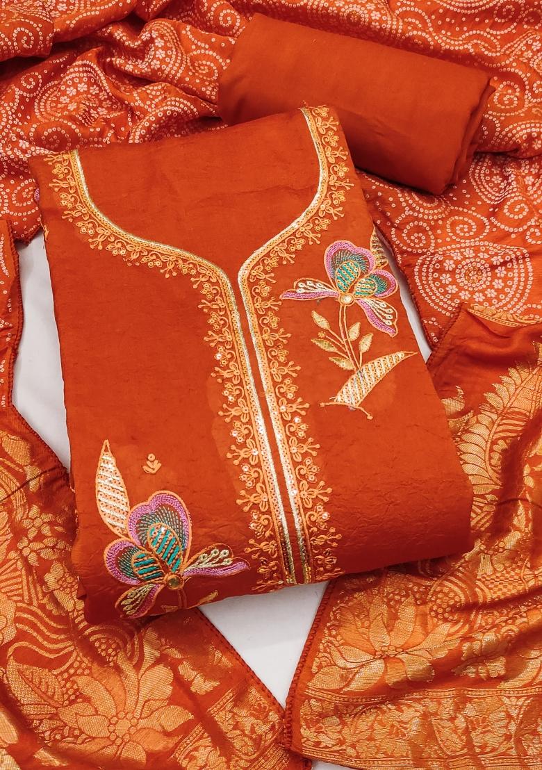 Rust Embroidered Georgette Kurta Set - Indya