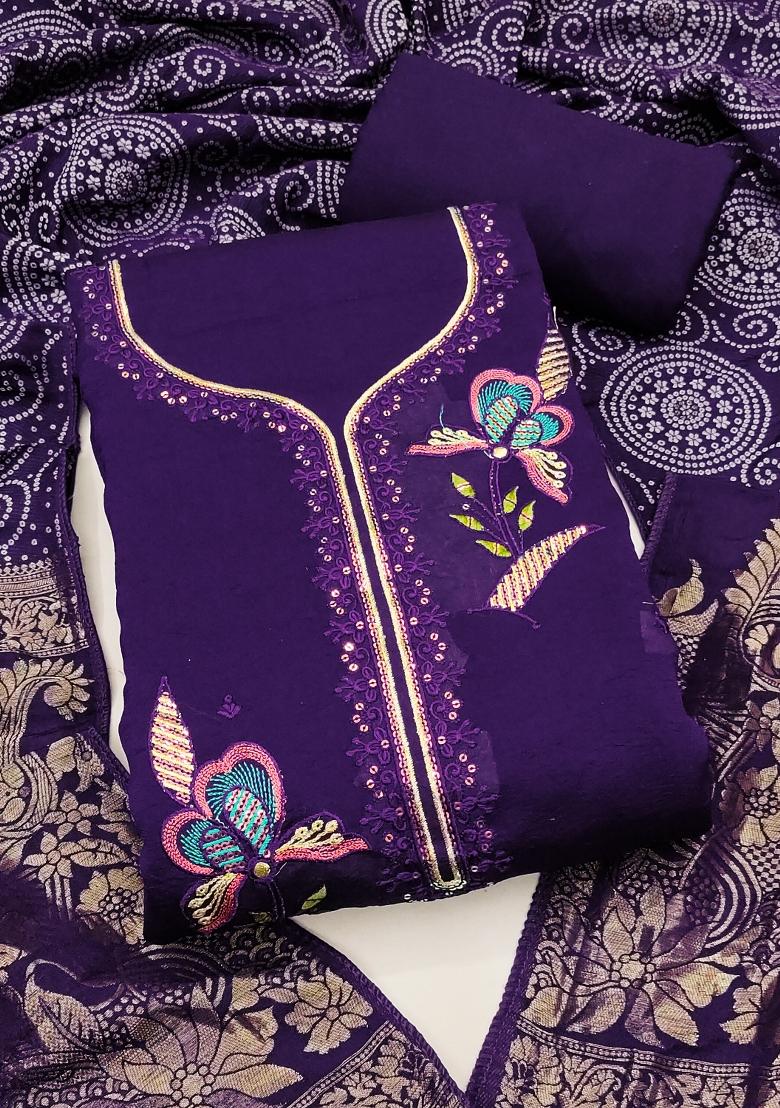 Purple Embroidered Georgette Kurta Set - Indya