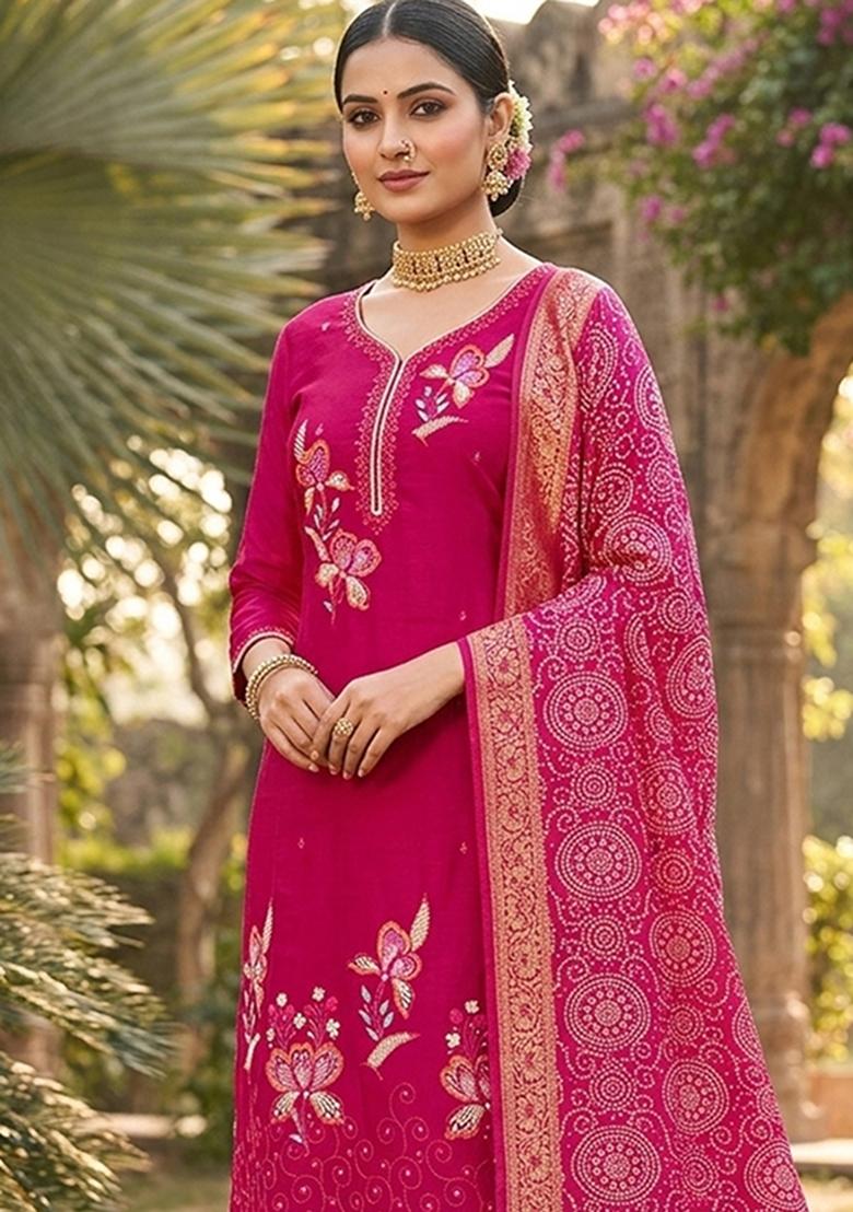 Magenta Embroidered Georgette Kurta Set - Indya