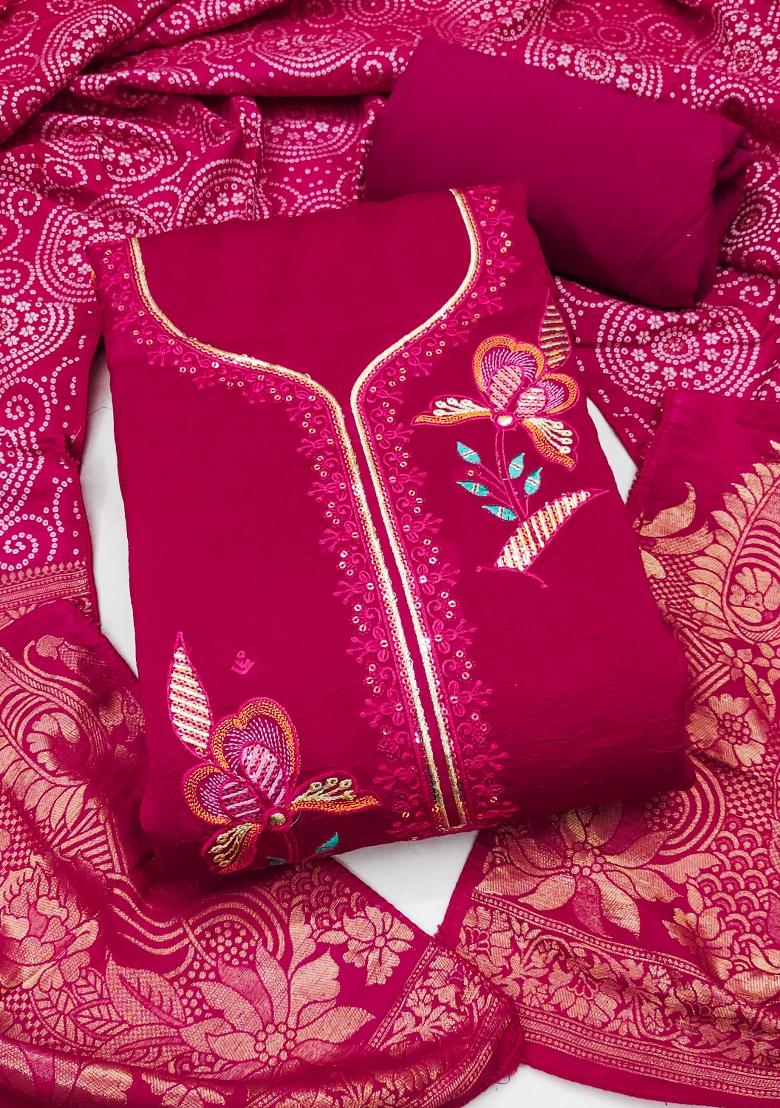 Magenta Embroidered Georgette Kurta Set - Indya