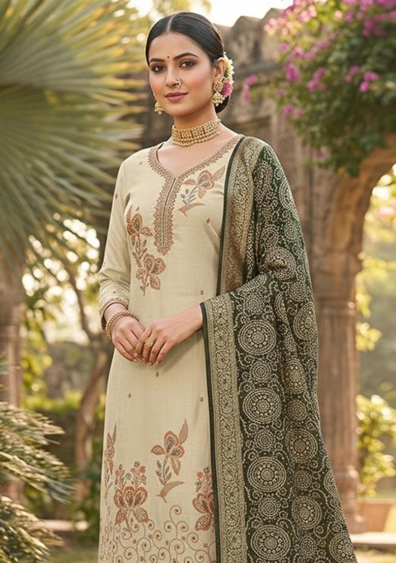 Beige Printed Cotton Kurta Set - Indya