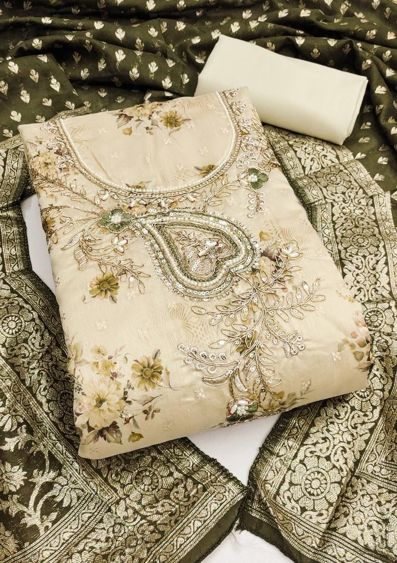 Beige Printed Cotton Kurta Set - Indya