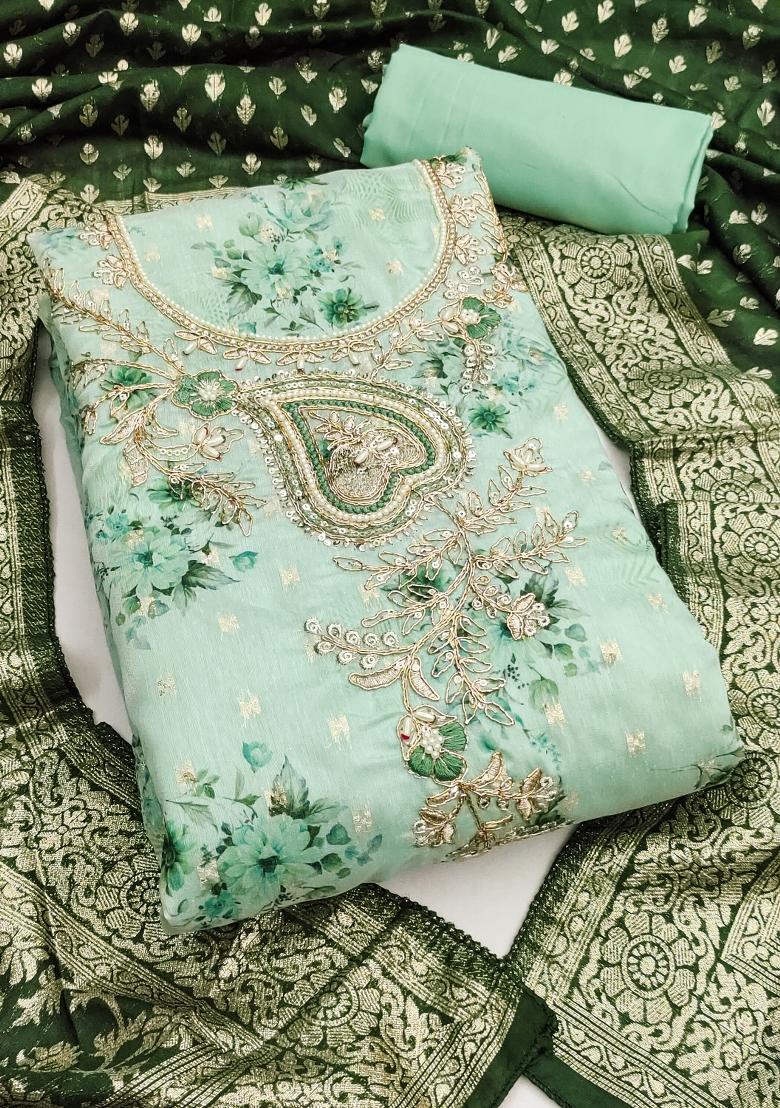 Sea Green Printed Cotton Kurta Set - Indya