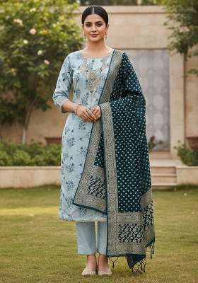 Light Blue Printed Cotton Kurta Set