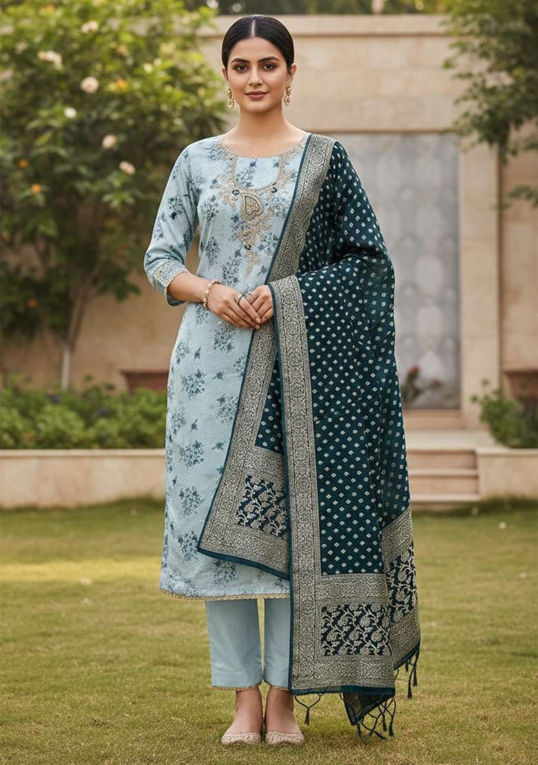 Light Blue Printed Cotton Kurta Set - Indya