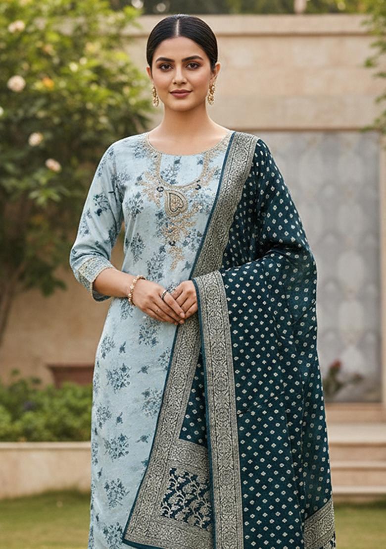 Light Blue Printed Cotton Kurta Set - Indya