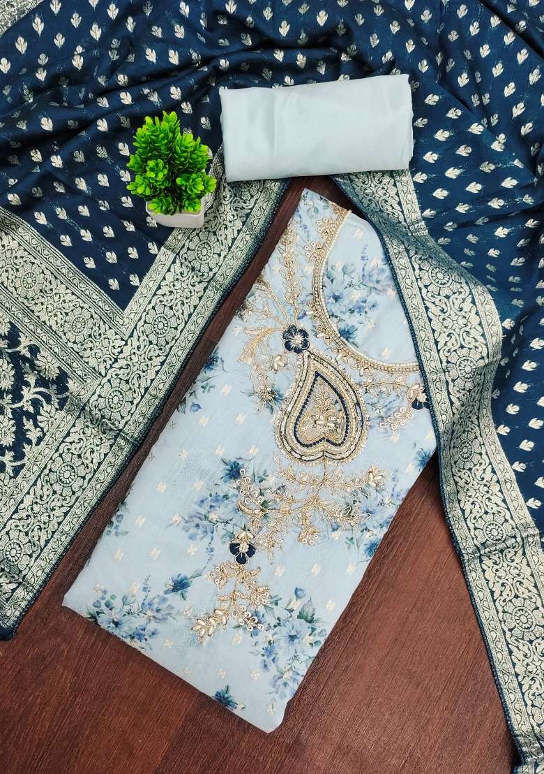 Light Blue Printed Cotton Kurta Set - Indya