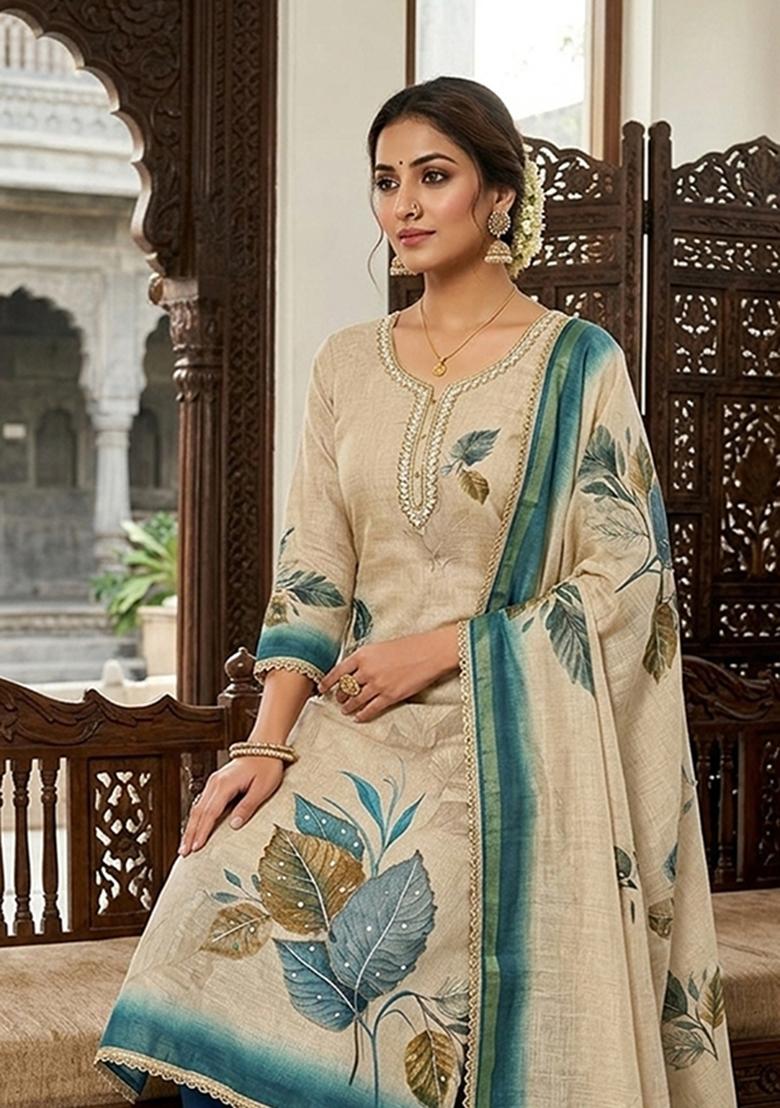 Beige Printed Cotton Kurta Set - Indya