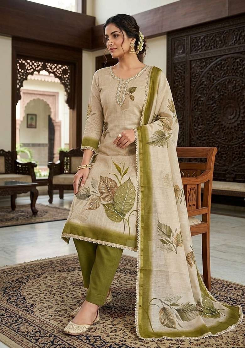 Beige Printed Cotton Kurta Set - Indya