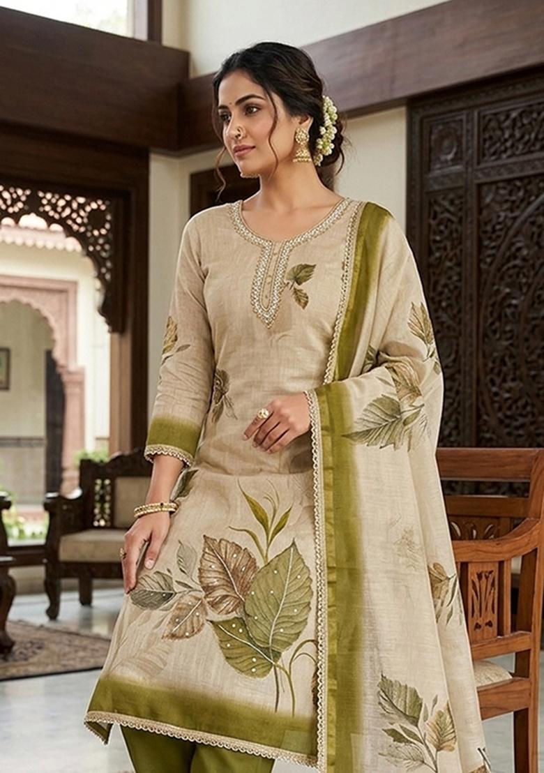 Beige Printed Cotton Kurta Set - Indya
