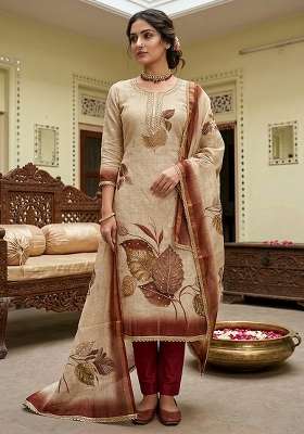 Beige Printed Cotton Kurta Set