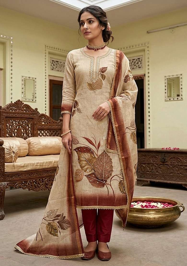 Beige Printed Cotton Kurta Set - Indya