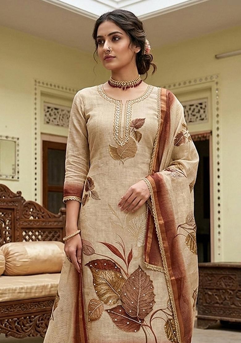 Beige Printed Cotton Kurta Set - Indya