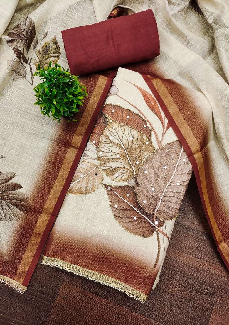 Beige Printed Cotton Kurta Set - Indya
