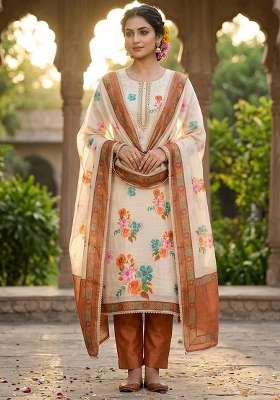 Orange Printed Cotton Kurta Set