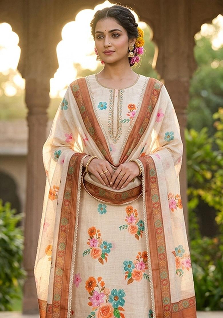 Orange Printed Cotton Kurta Set - Indya