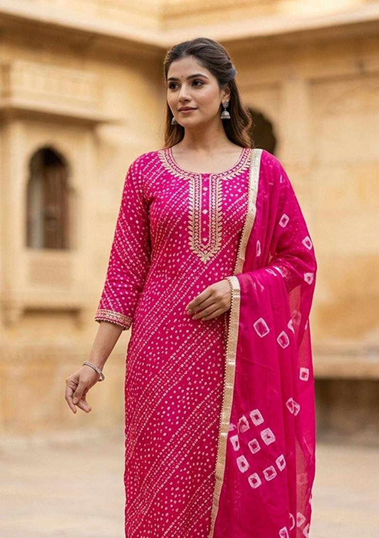 Pink Printed Cotton Kurta Set - Indya