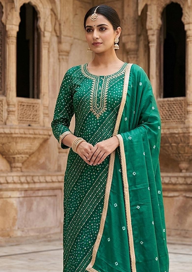 Sea Green Printed Cotton Kurta Set - Indya