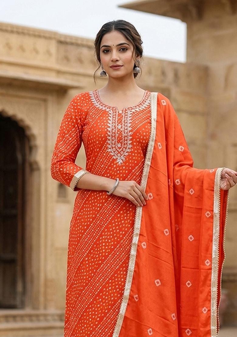 Rust Printed Cotton Kurta Set - Indya