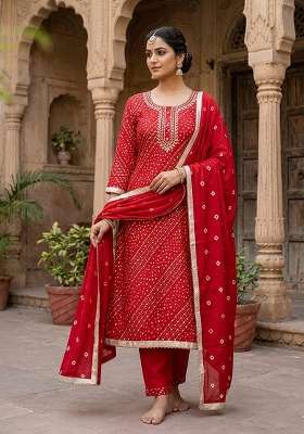 Red Printed Cotton Kurta Set