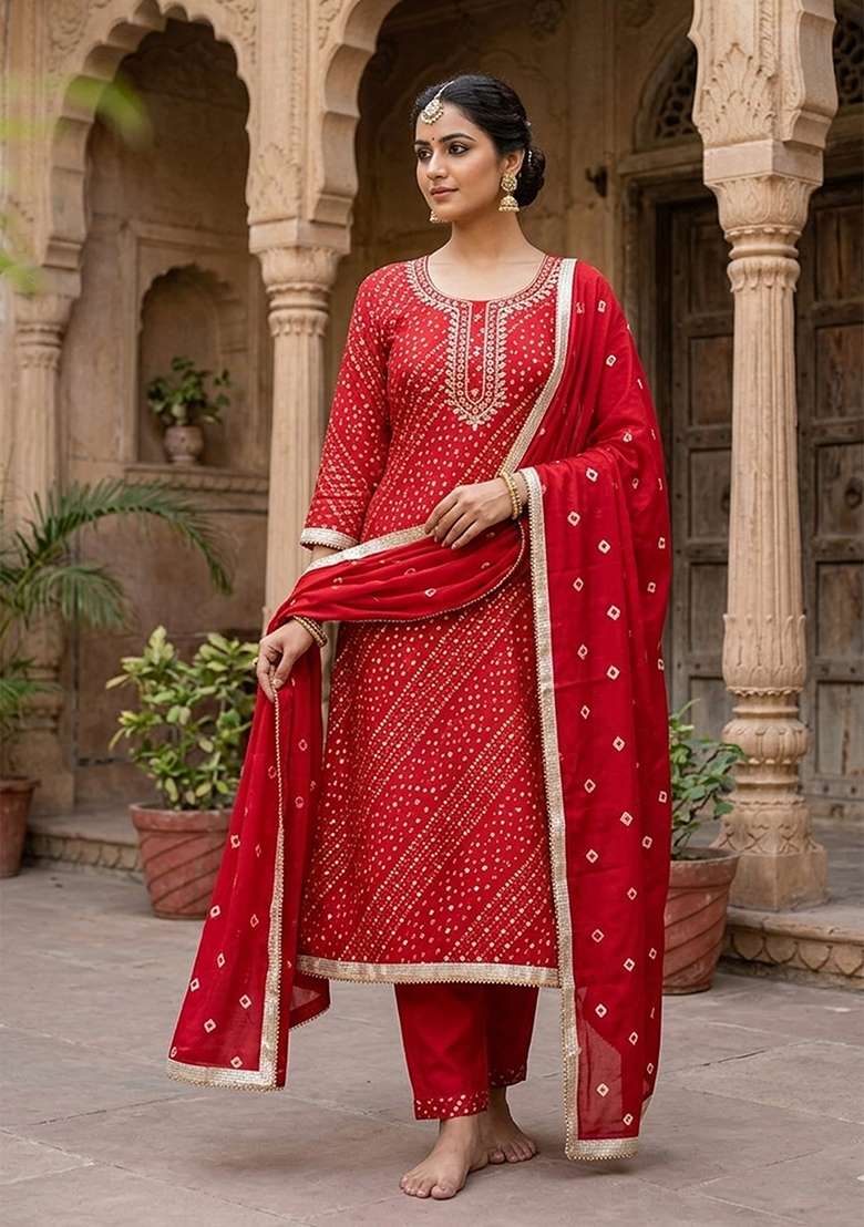 Red Printed Cotton Kurta Set - Indya
