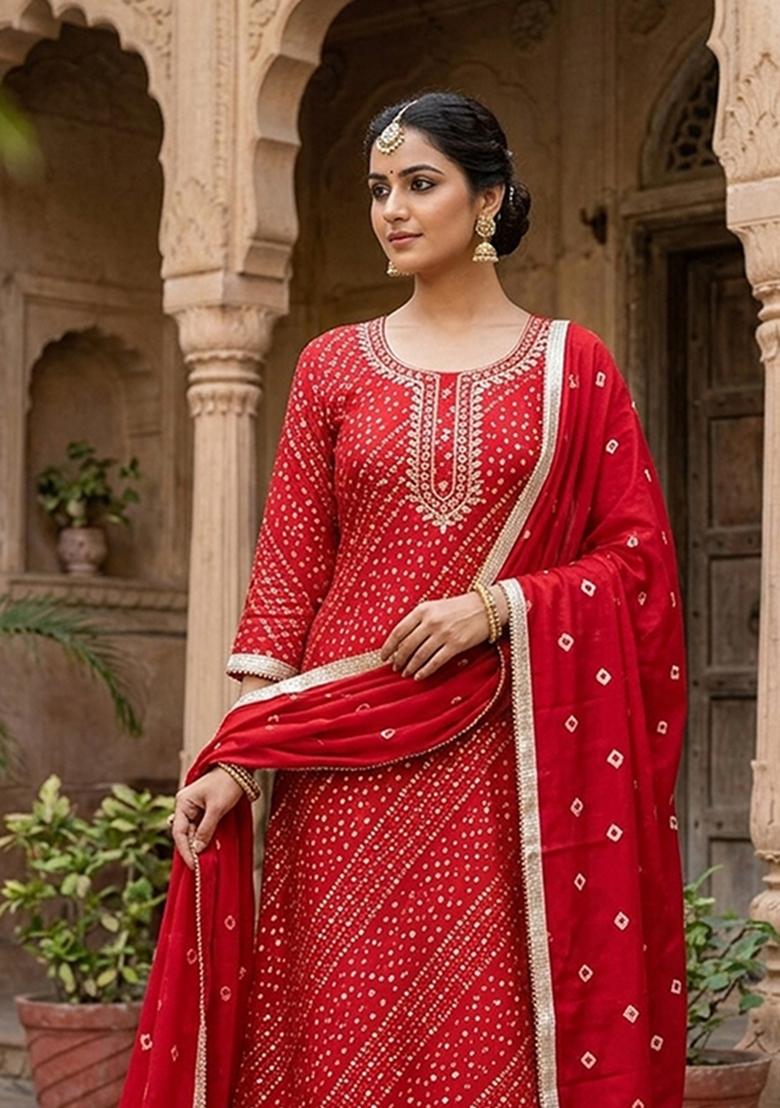 Red Printed Cotton Kurta Set - Indya