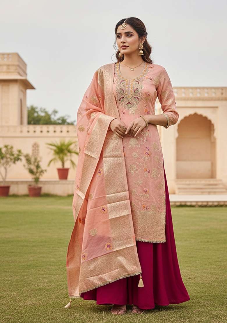 Peach Weaving Cotton Kurta Set - Indya